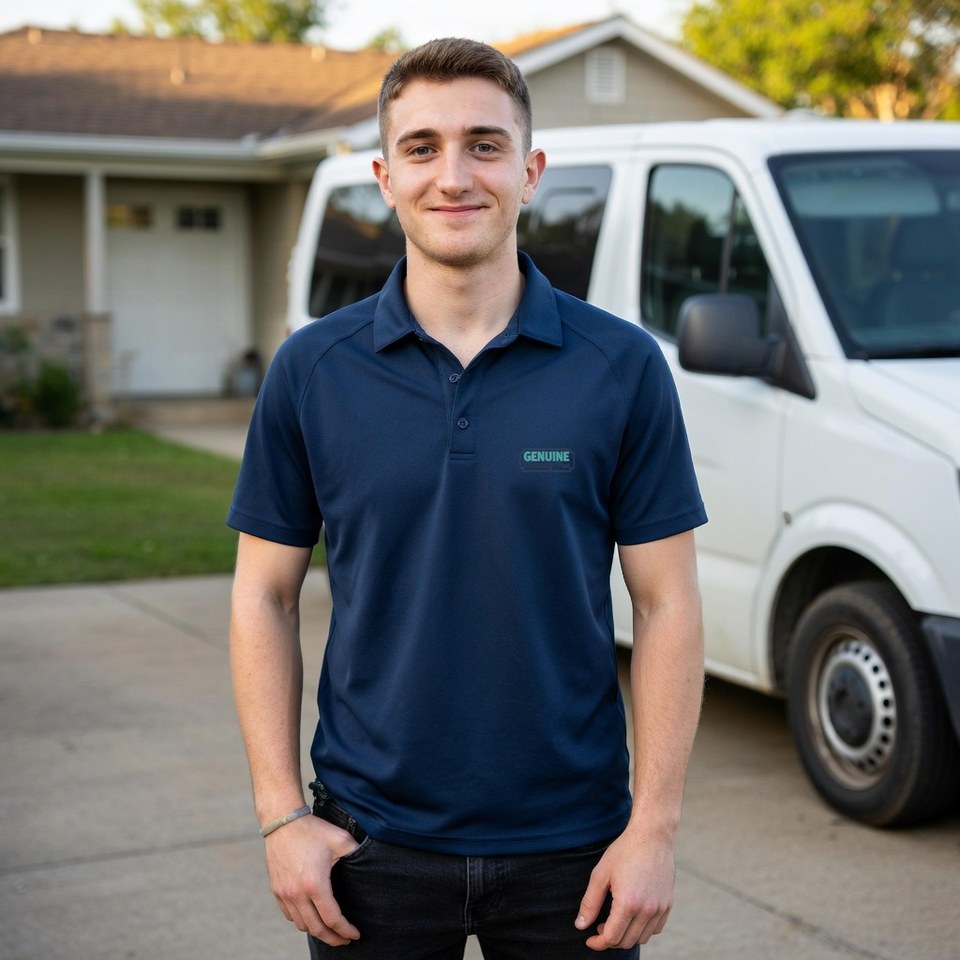 Justin, owner of Genuine Plumbing Pros, in front of his service van